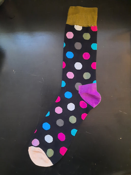 Black socks with multi-colored polka dots - olive green tops