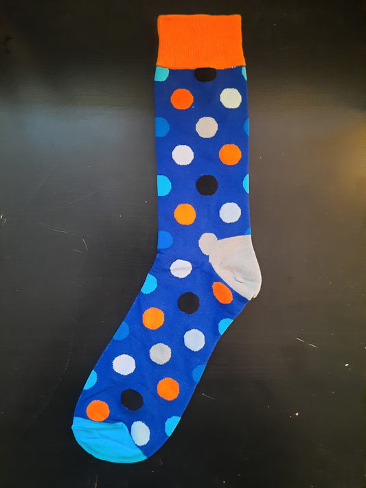 Blue socks with multi-colored polka dots - orange top