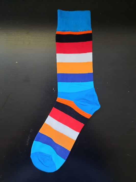 Orange, black, red, white, peach, dark blue, light blue stripes - Blue top