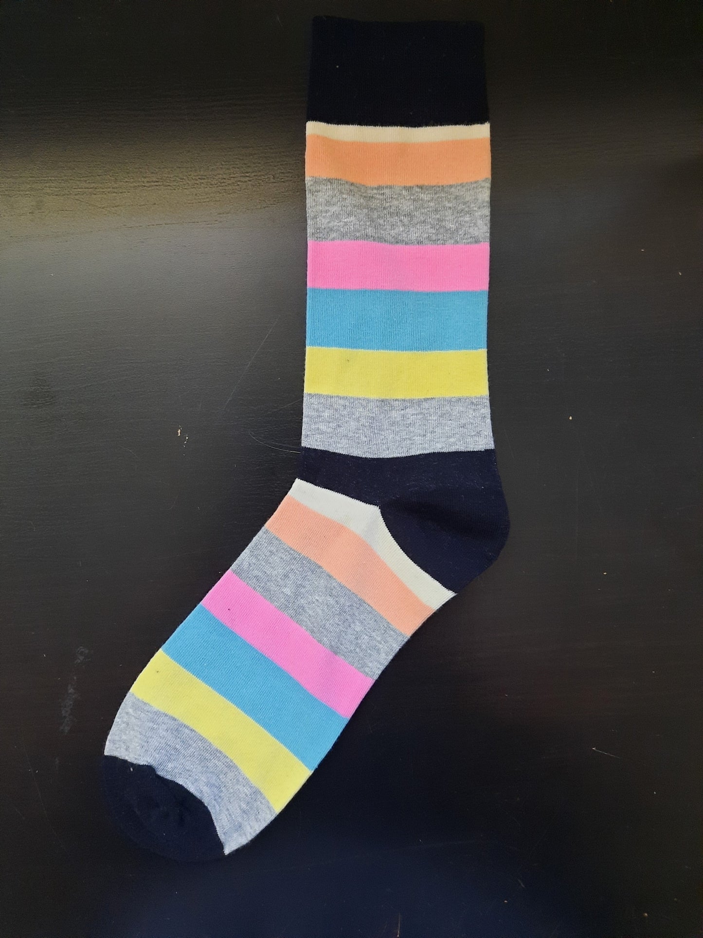 Peach, grey, pink, blue yellow stripes