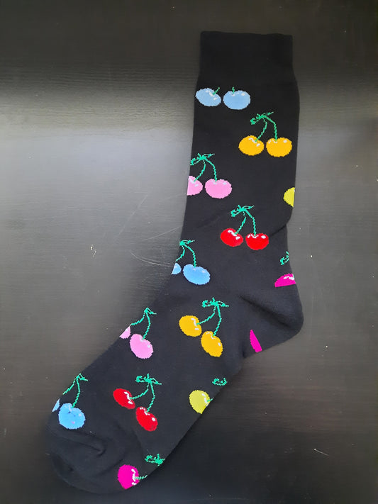 Black socks with multi-colored cherries - Fruit