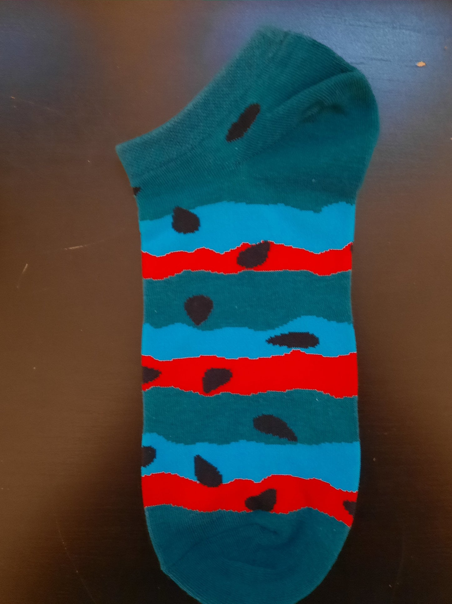 Ankle Socks - Red, blue, green striped with black watermelon seeds.