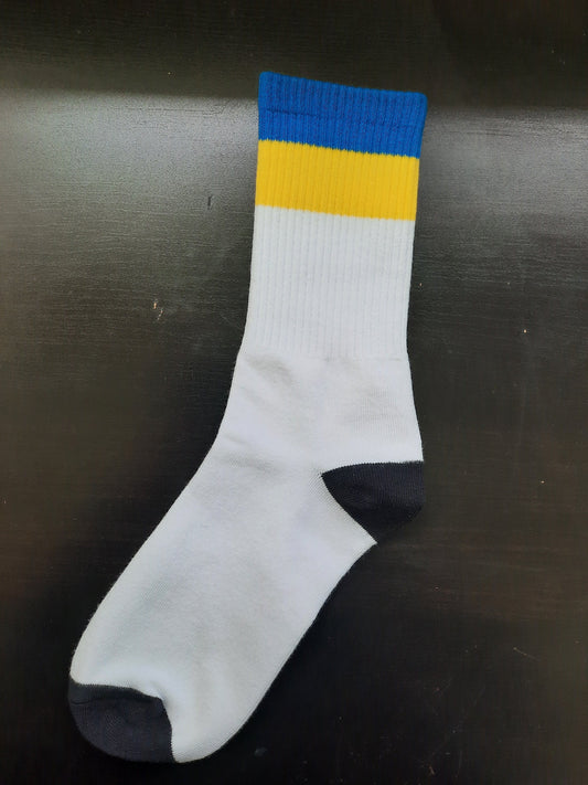 Blue and Yellow Strip on top of white socks