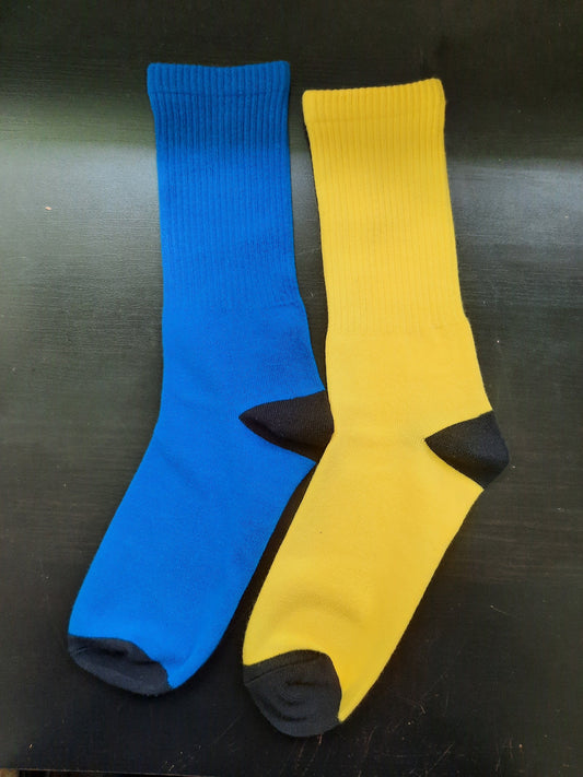 One blue sock and one yellow sock