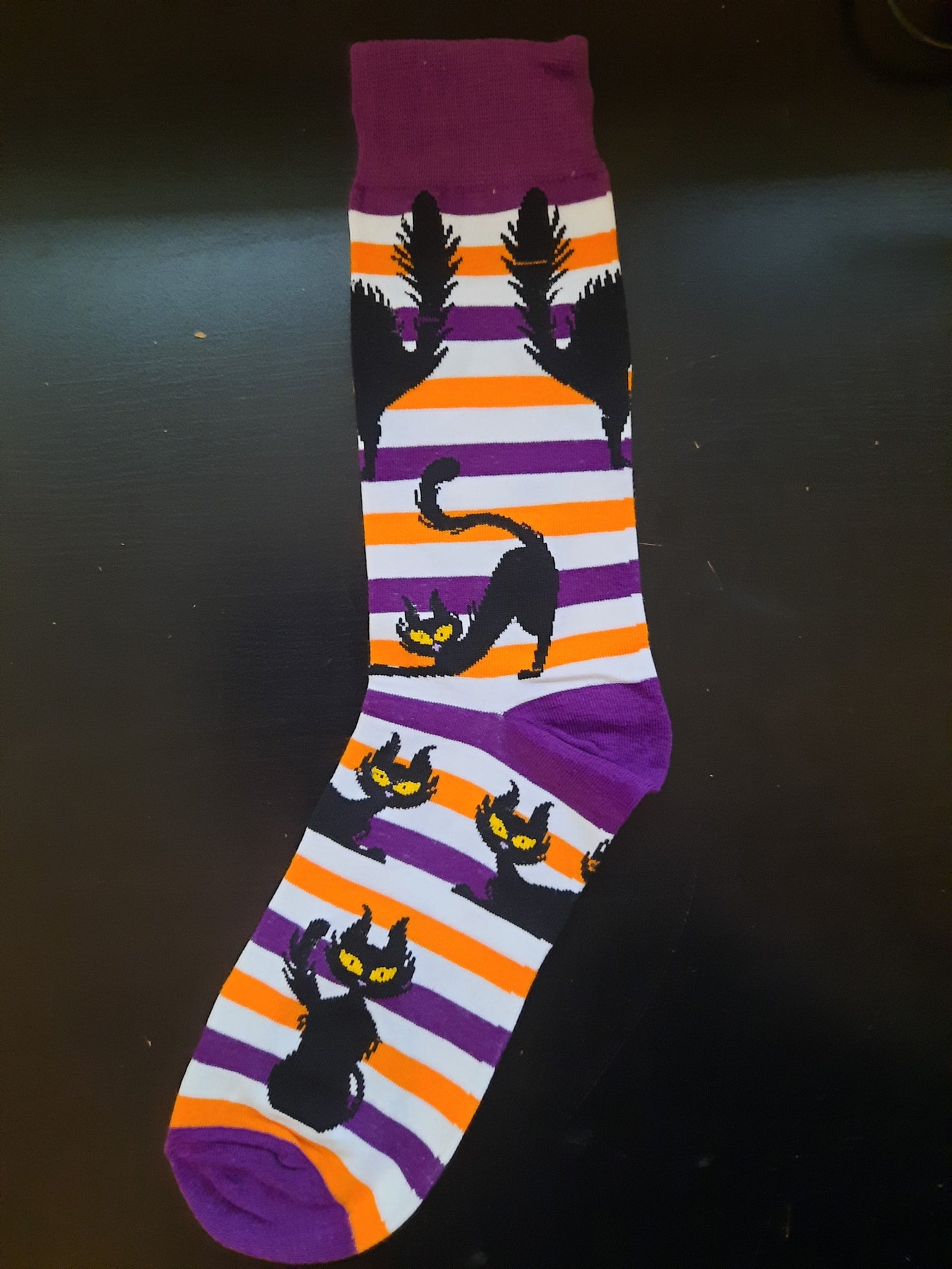 Purple and orange striped cat socks