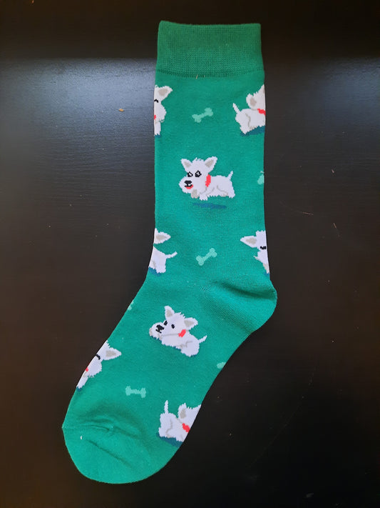 Teal sock with white corgi dogs