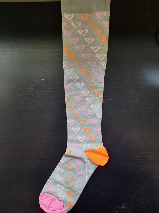 Compression Socks - Grey with Orange and Pink Hearts