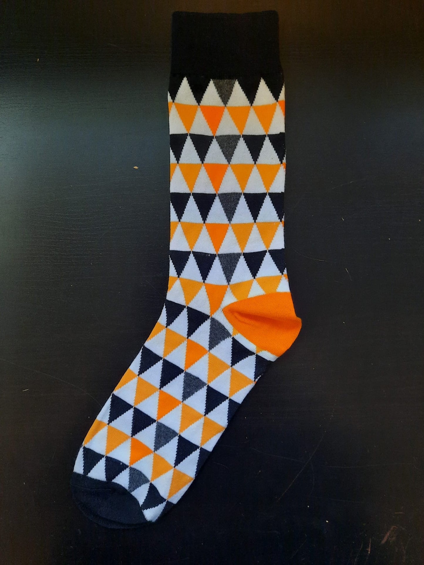 Orange, white, black triangle socks