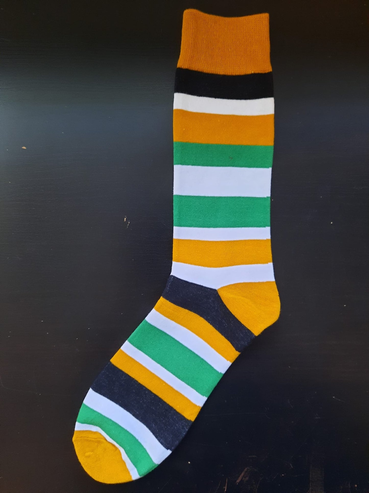 Burnt Orange, Green, White, Black Striped Socks